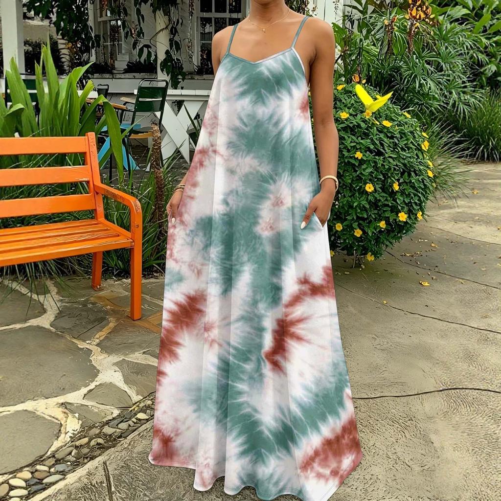 Damen Tie-Dye Maxikleid Ärmellos Spaghettiträger Lässig Lockerer Schnitt Lang Sommer-Sonnenkleid Mit Taschen Für Frühling Und Sommer