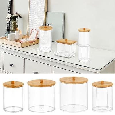 Container Bathroom Storage Box Cotton Swabs Rod Bottle with Bamboo Lid Makeup Cotton Pad Organizer