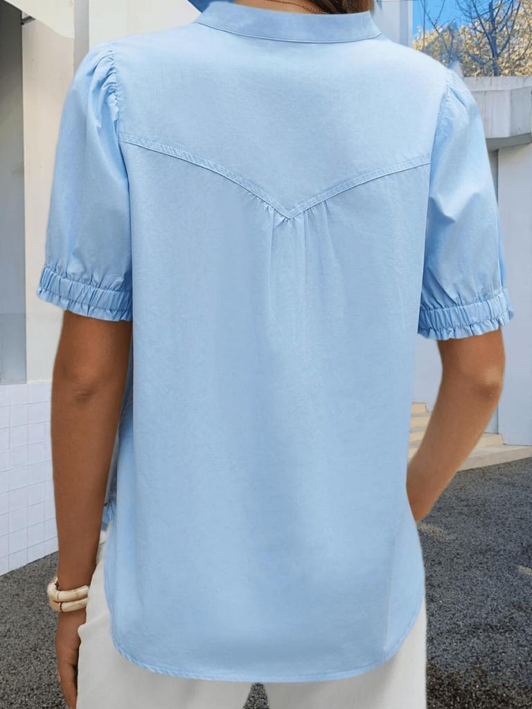 Women's Puff Sleeve Collared Blouse Half Button Down Cotton Loose Work Top