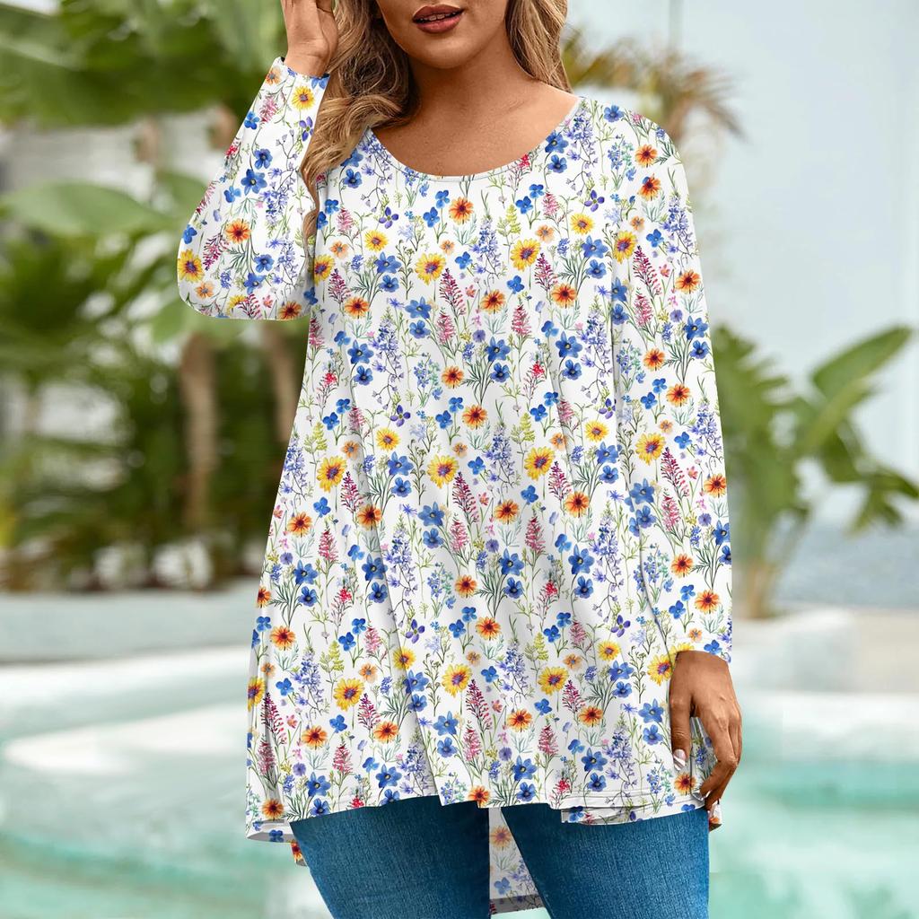 Women's Fashion Large Size Round Neck Long Sleeve Casual Print Loose Pullover Top