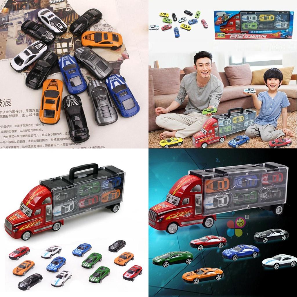 Durable Kids Vehicles Transport Car Carrier Semi Truck With 12 Mini Cars Gift Set