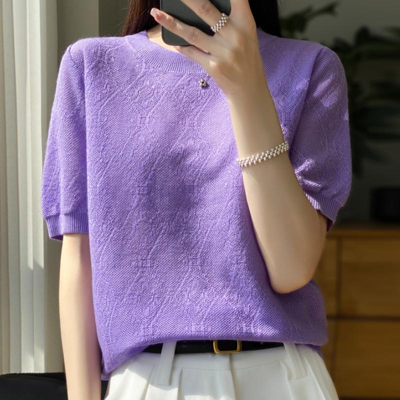 Round Neck Imitation Wool Short-sleeved T-shirt for Women In Summer Thin Loose Knitted Base Shirt Solid Color Half-sleeved Top