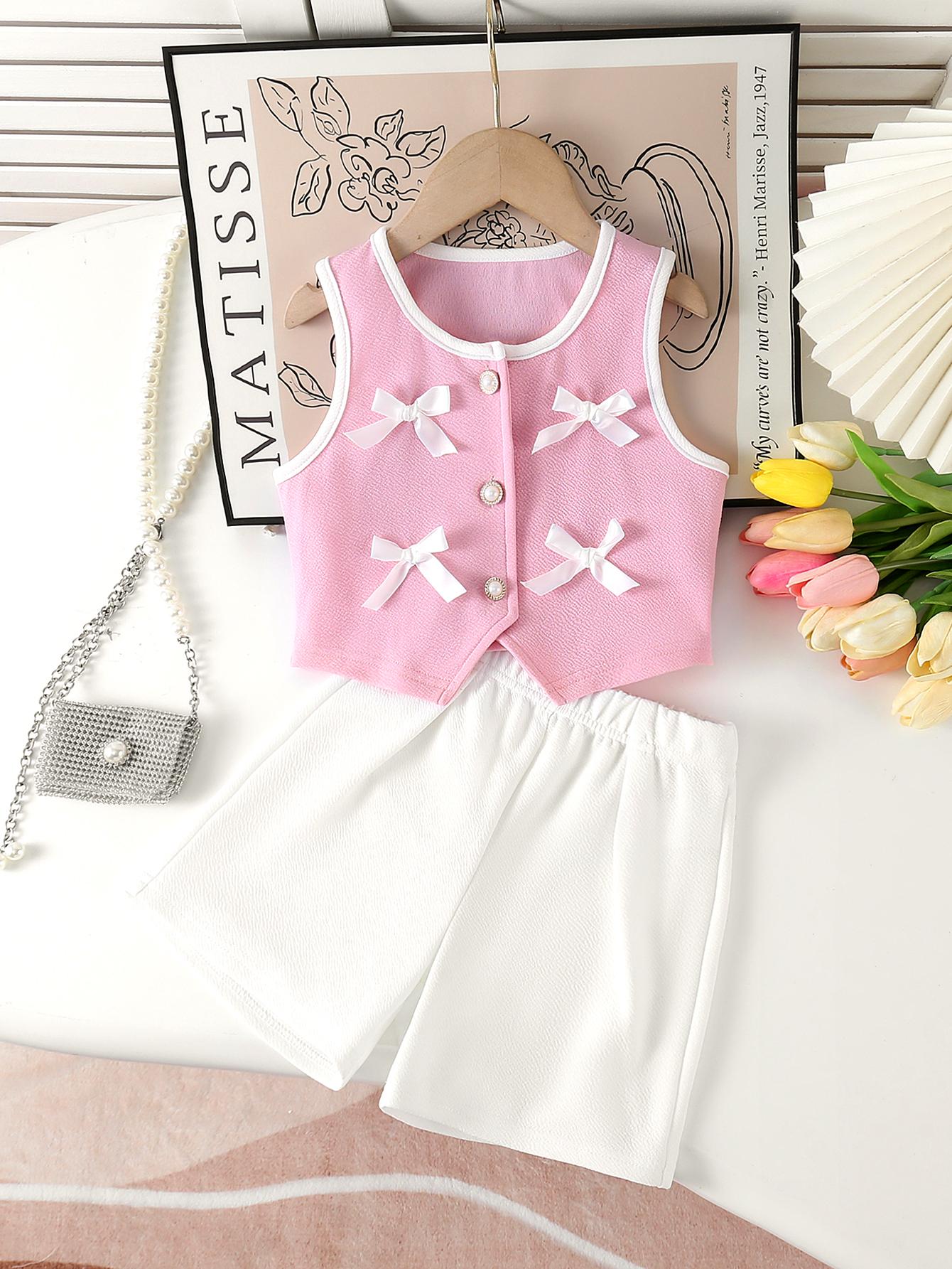 Two-piece set for girls, Korean style, elegant, three-dimensional bow ribbon, irregular design top and basic versatile comfortable shorts. 4Y розовый