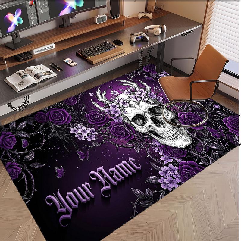 Tappeto Morbido in Velluto di Cristallo Tema Gotico Teschio Stampa Personalizzata Nome e Testo Tappeto Antiscivolo per Camera da Letto Soggiorno