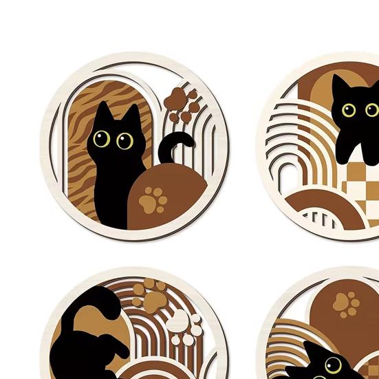Creative Home Wall Embellishments 4Pcs Wooden Cat Decor, 2D Flat Geometric Hollow Art Prints Minimalist Pet Decor Art, Modern Hanging Signs for Living