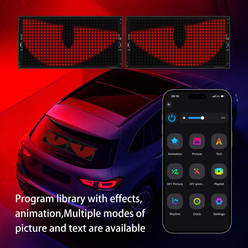 LED Matrix Panel with AI Voice Control, App Programmable Pixel Sign for Car with Flexible Scrolling Text & Animation Display
