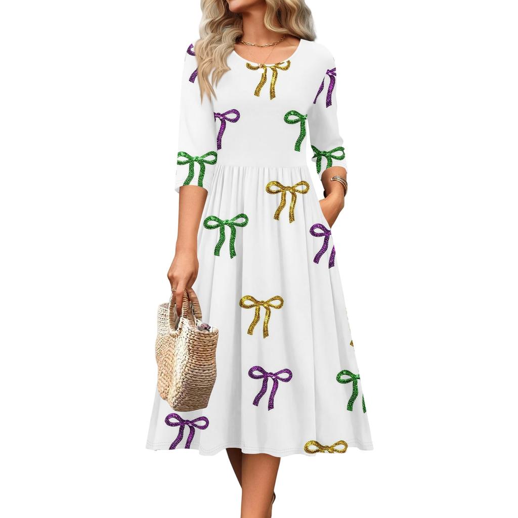 3/4 Sleeve Women's Dress Casual Flowy A-Line Midi Tshirt Dresses With Pockets Crewneck Vocation Boho Beach Sundress