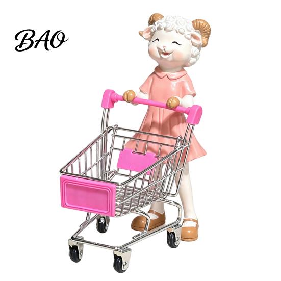Cute Desktop Storage Solution Cartoon Sheep Shopping Cart Figurine, Mini Grocery Trolley Toy with Lamb, Small Figurine Wheels Desk Decor for