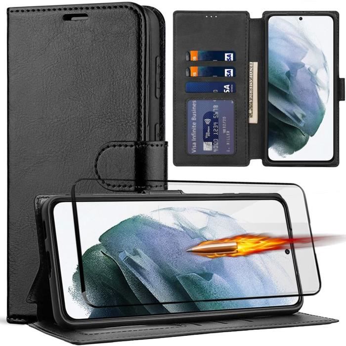 Coque portefeuille - pour Samsung Galaxy S22 Plus - Verre trempé 3D - Cuir synthétique noir - 6,7 pouces