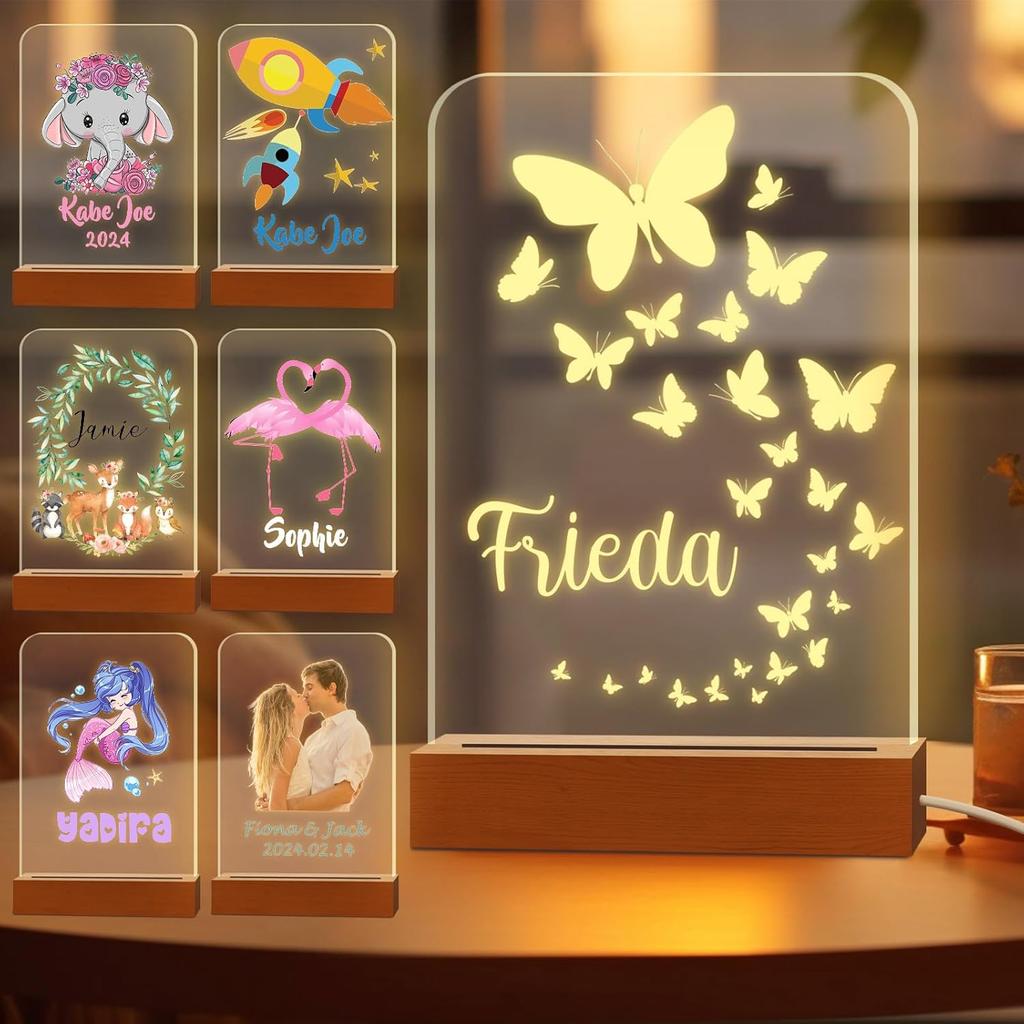 Personalized Night Light for Kids Custom Engraved Name Acrylic LED Lights with Wood Base for Nursery Bedroom Decor Night Lamp, Customized Birthday