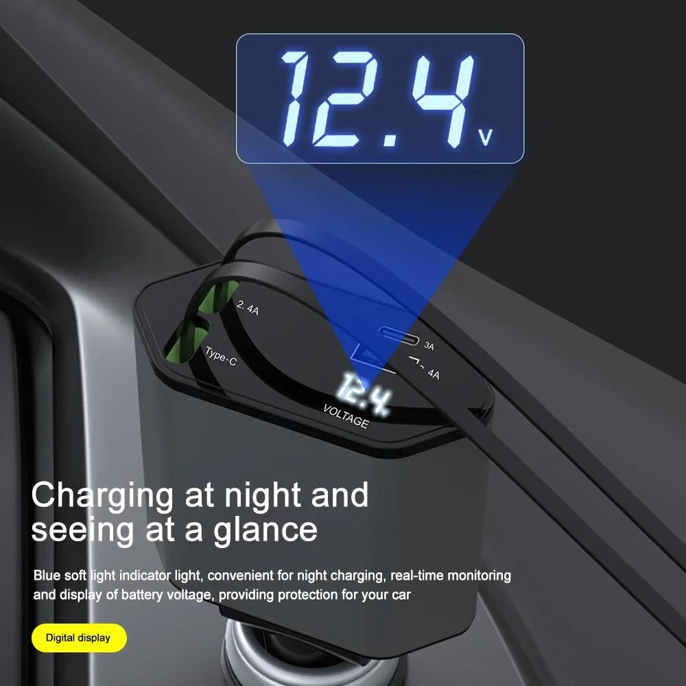 PD Car Charger 120W Quick Charger With 2 Retractable Cables Type C Fast Car Charger Voltmeter 4 In 1 Power For IPhone Huawei