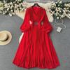 Elegant V-Neck Chiffon Dress with Waist-Cinching A-Line and Pleated Design