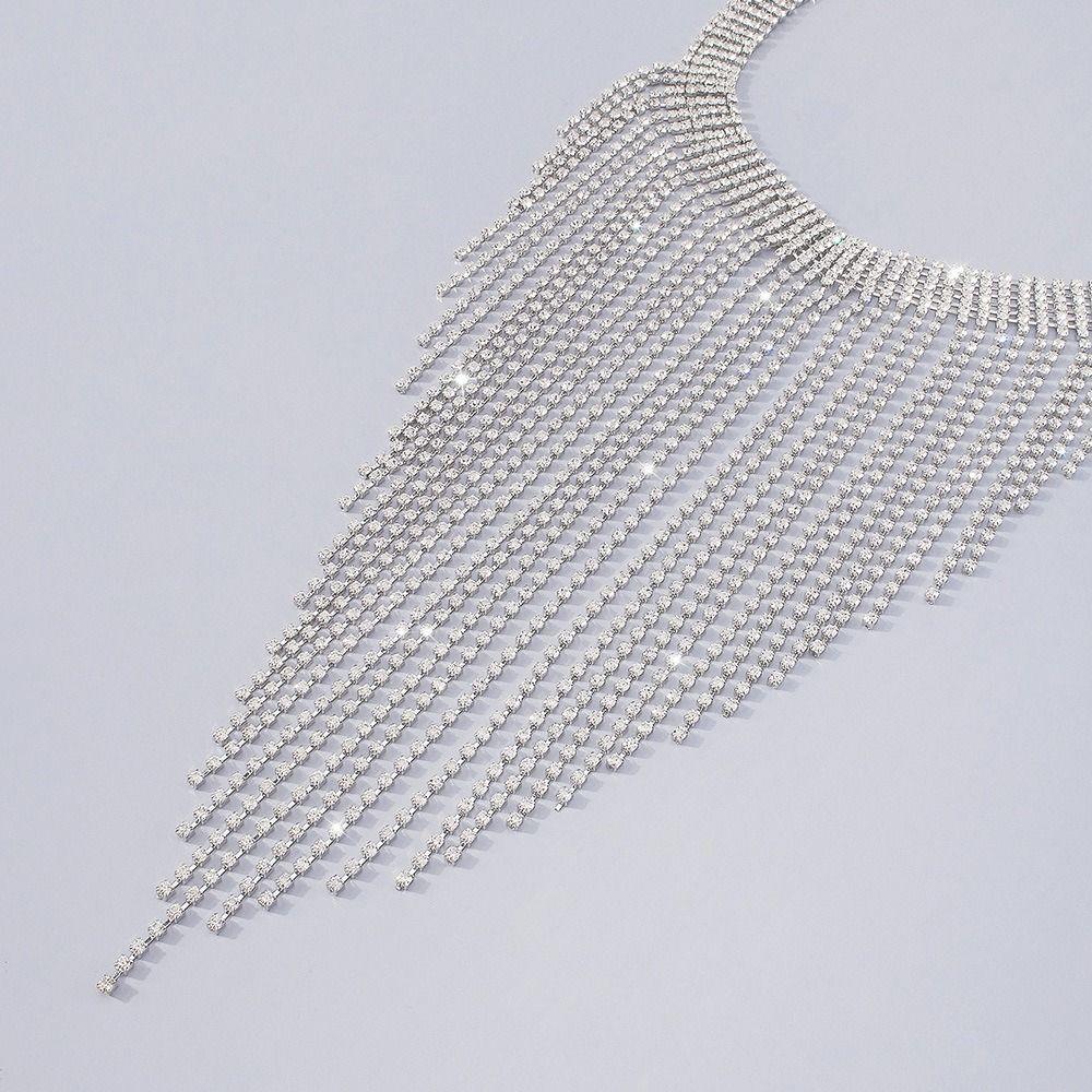 Korean Style Full Rhinestone Necklace Geometric Clavicle Chain Long Tassel Necklace  Women