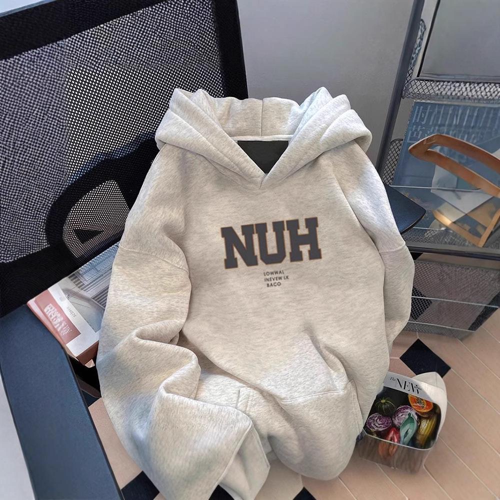 Ogʻir vaznli flisli astarli xatli printli xudi - Kuz/Qish uchun qalin, keng bichimli