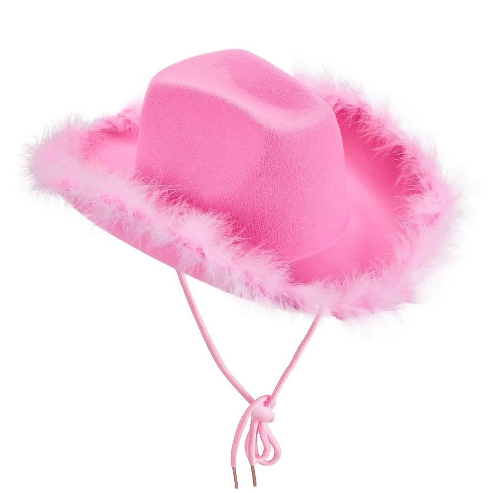Furry Trim Jazz Hat Solid Color Top Hat Classic Cowgirl Hat  Ladies