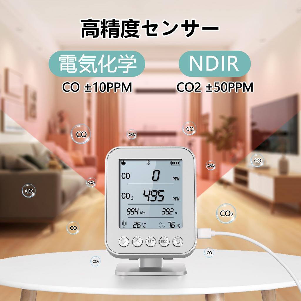 Carbon Dioxide Concentration Meter, CO2 Monitor, CO/CO2 Concentration, Humidity, Temperature, Atmospheric Pressure, Altitude Function,