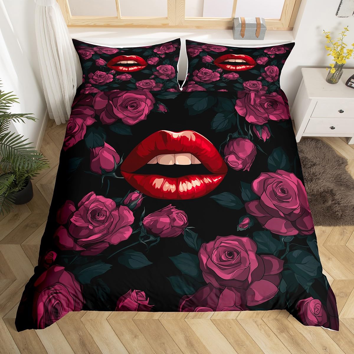Housse de couette Lèvres Sexy Motif Bouche Housse de couette Taille Jumeau Reine Ensemble de literie Baiser pour Adolescents Adultes Couples Chambre à coucher Décor de Dortoir EU Single(135x200cm)