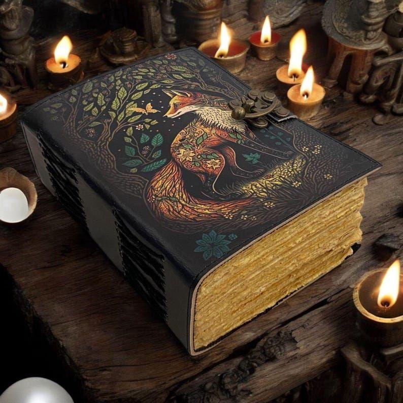 200 Page Large Grimoire Vintage Leather Journal, Tree of Life Fat Journal, Blank Spell Book of Shadows Celestial Gifts For Him Her