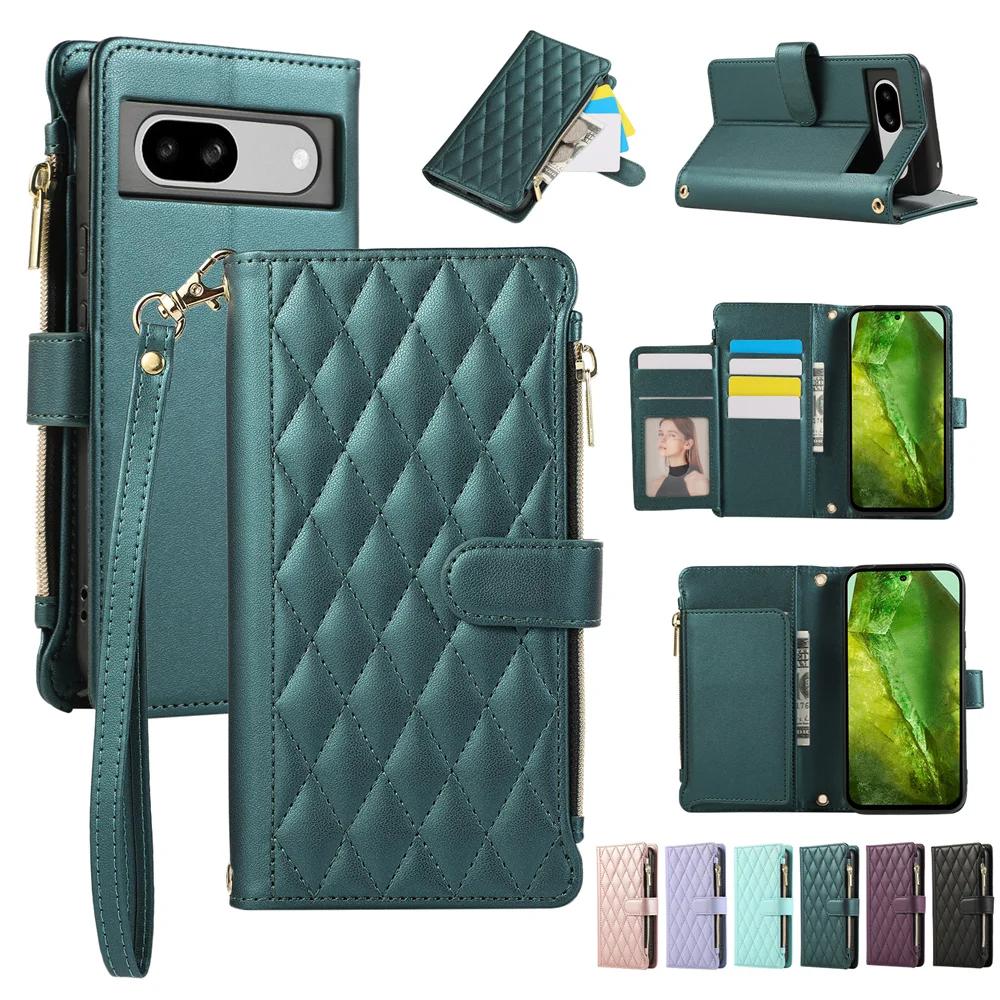 Luxury Crossbody Wrist Strap Zipper Leather Wallet Phone Case for Google Pixel 8 7 6 Pro 8A 7A 6A Magnetic Slot Card Bag Cover