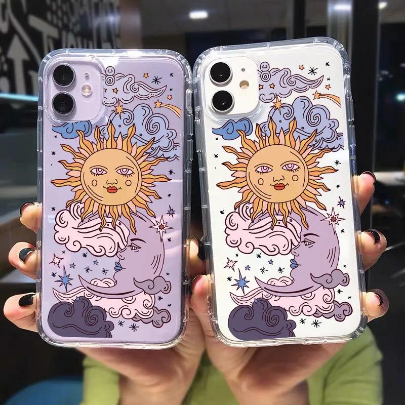 JAMULAR Fashion Art Sun Moon Clear Phone Case For iPhone 13 12 11 14 15 Pro XS MAX SE 7 XR Plus Shockproof Soft TPU Cover Coque