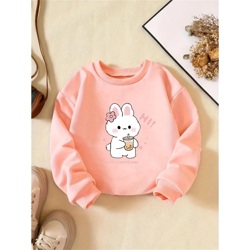 Kids Crewneck Sweatshirt, Cute Little Rabbit Animal Graphic Print, Soft Stylish Pullover Tops for Spring & Autumn