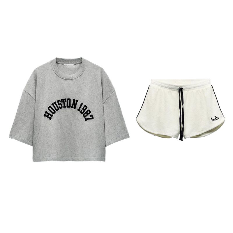 Spring New Arrival American Printing Loose Short T-shirt 0264344 Embroider Towel Effect Shorts 0264342