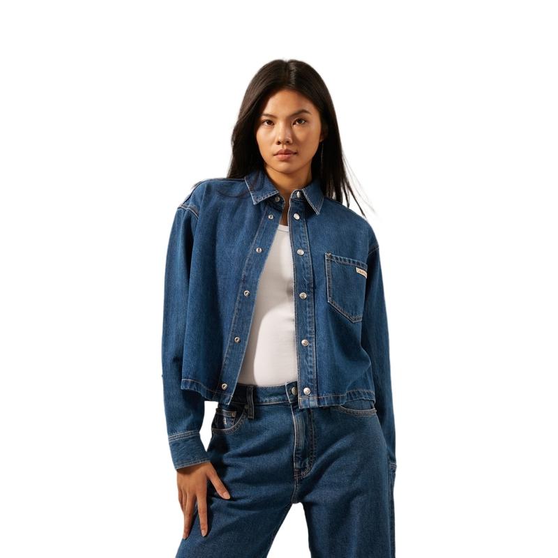 Calvin Klein Cotton Vintage Minimalist Pocket Loose Short Denim Shirt Women Shirts Denim-Blue J224416