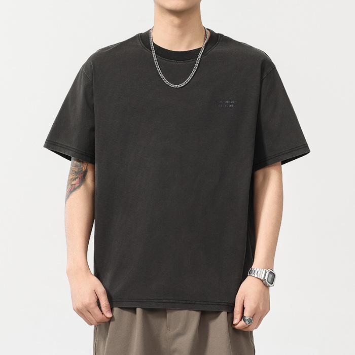 Summer Thin 250g Men's Retro Back English Design Trendy Round Neck T-shirt Short Sleeves