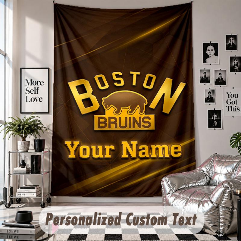 Wall Hanging Tapestry With Custom Name & Text, Boston Bruins Decorative Tapestry For Bedroom