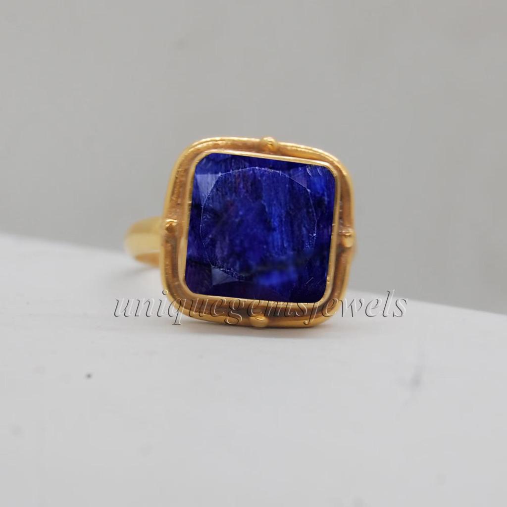Raw Genuine Blue Sapphire Gems 925 Sterling Silver Yellow Gold Fill Ring, Artisan Gift Handmade Ring