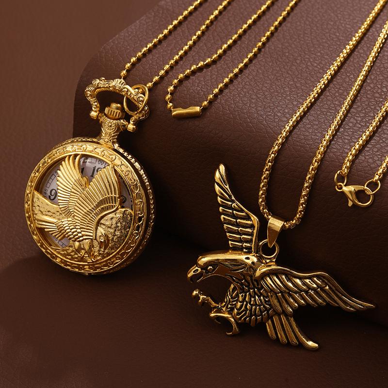 2pcs/set, Men's Pocket Watches Men's Fashion Classic Golden Hollow Eagle Pocket Watch&1PC Fashion Necklace Pendant, Father's Day Gift, Ideal for Gifts