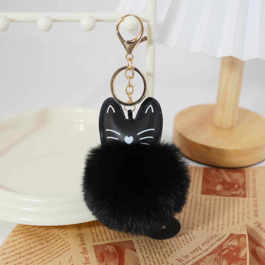 Adorable Black Cat Keychain with Faux Fur Ball Pendant