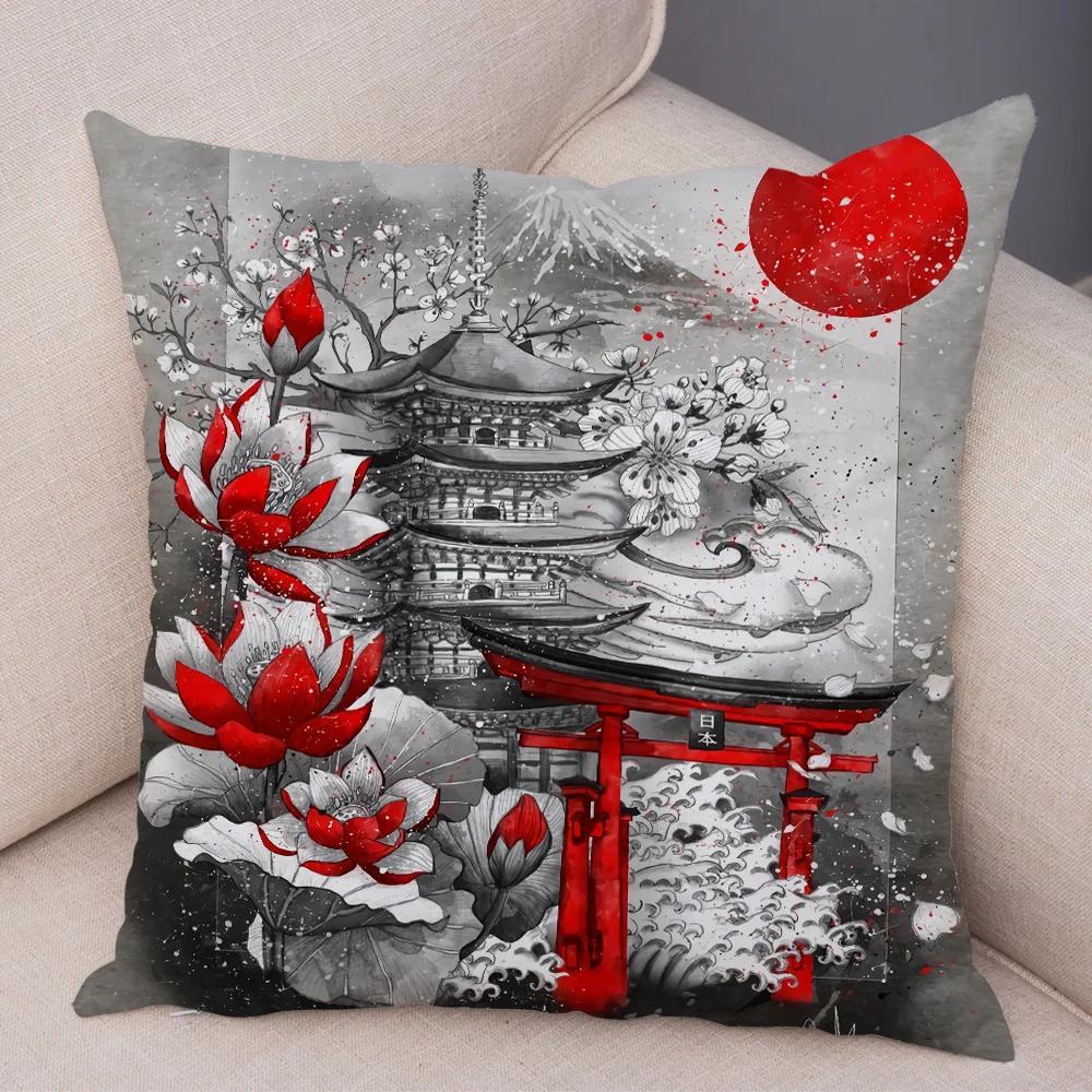 Japan Style Ink Warrior Cushion Cover for Sofa Home Double Print Decor Beautiful Scenery Girl Pillowcase Soft Plush Pillow Case