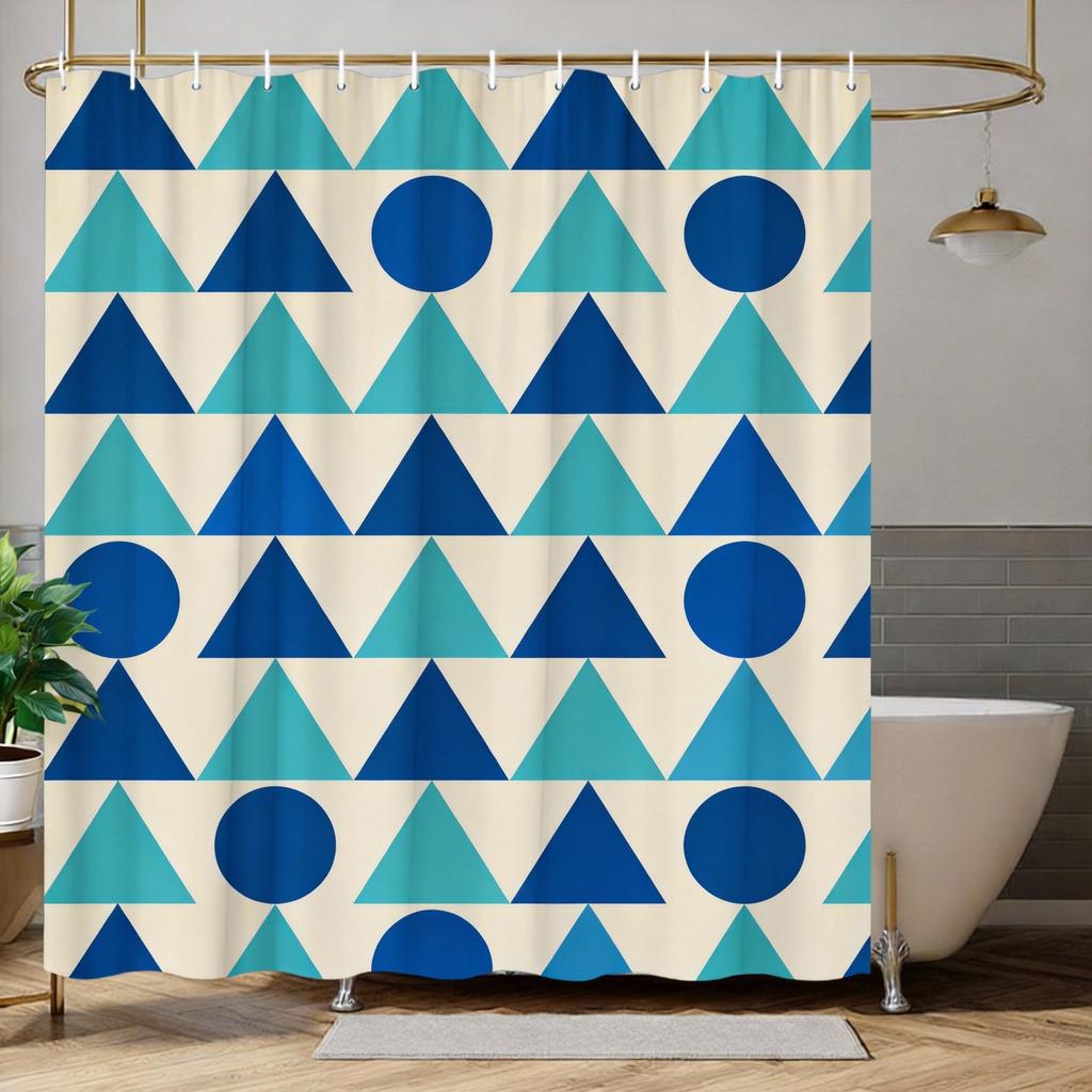 Retro Geometric Shower Curtain Layered Green & Brown Shapes, Mid-Century Modern Bath Curtain for Vintage and Boho Bathroom Decor