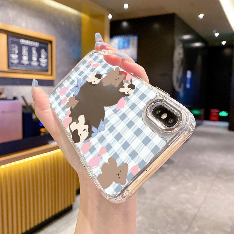 Plaid love mirror iPhone mobile phone case cartoon bear bow apple 13PM anti-drop protective case