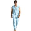 Summer Men Linen Matching Outfit Sleeveless Lapel Button Front Pocket Shirt Elastic Drawstring Straight Leg Trousers Breathable Casual Two Piece Suit
