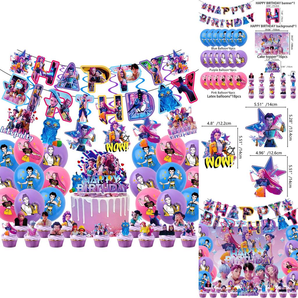 Kpop Demon Hunters Birthday Party Banner Decoration Set With Balloons And Background For Anime Fans