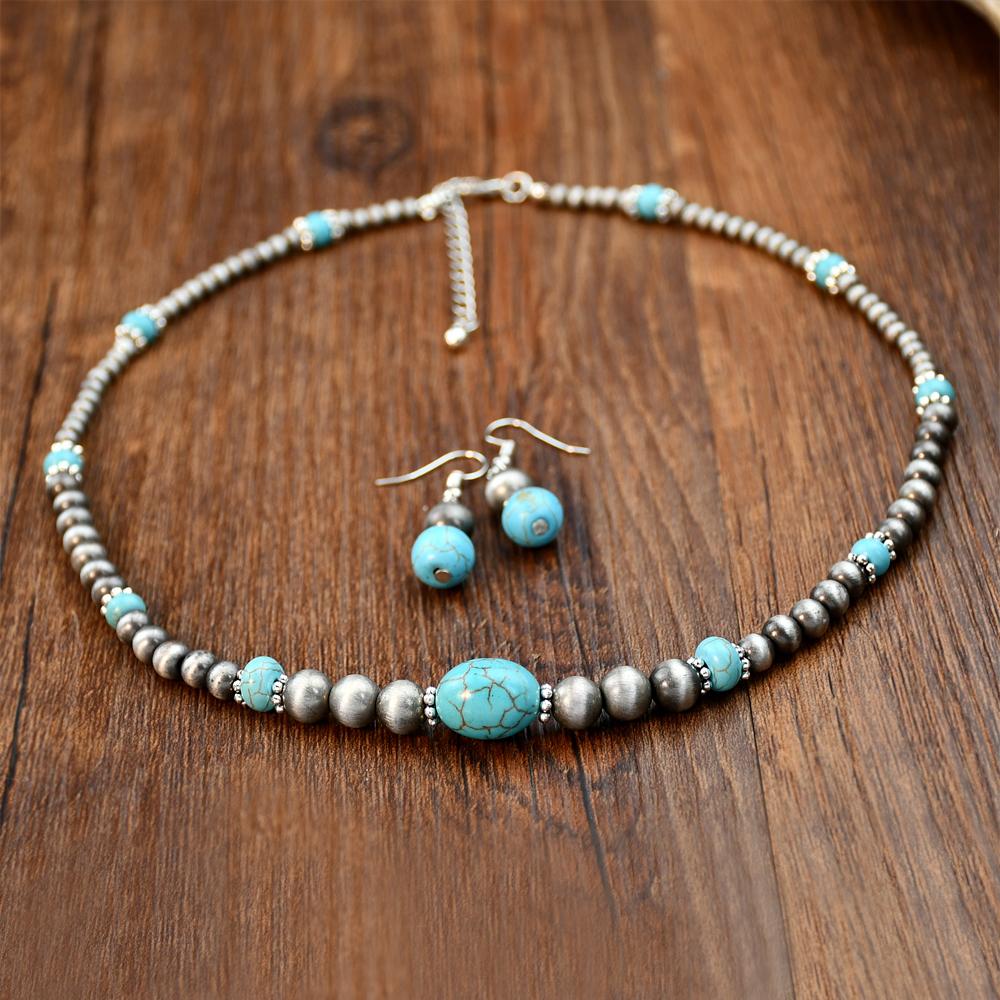 2PCS Vintage Round Beads Inlaid Turquoise Necklace Earring Set Women's Fashionable Personalized Handmade Zircon