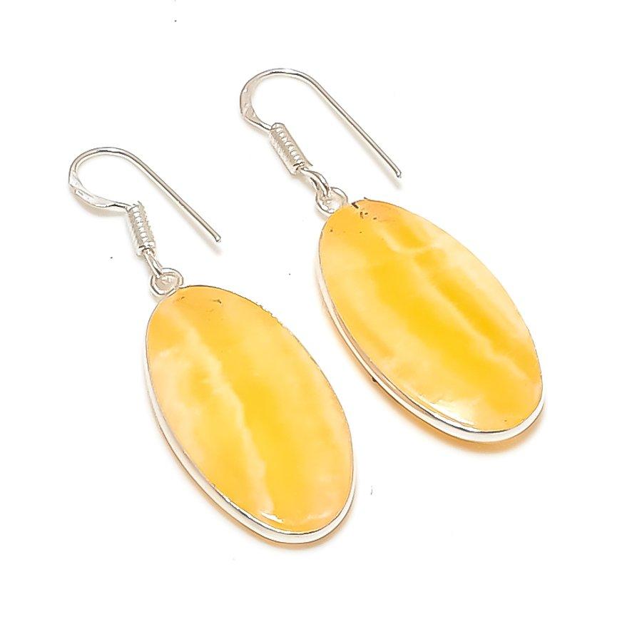 Натуральный Желтый Кальцит Драгоценный Камень 925 Пробы Серебро Ювелирное Изделие Серьга 1.89  AE-12017