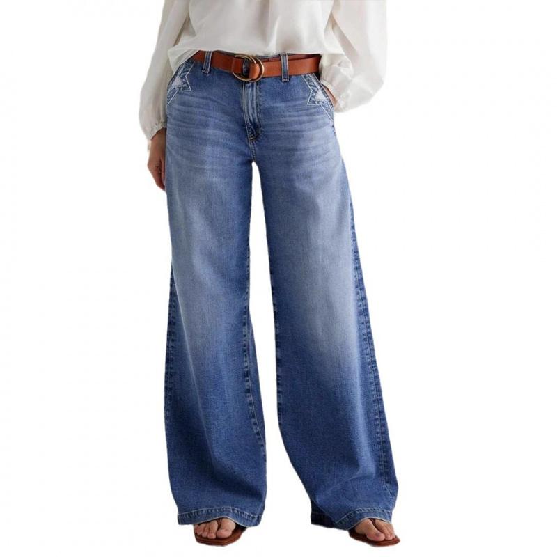 2026 New Vintage Wide-Leg Jeans for Women, Embroidered Stretch Straight Pants, Casual Long Trousers