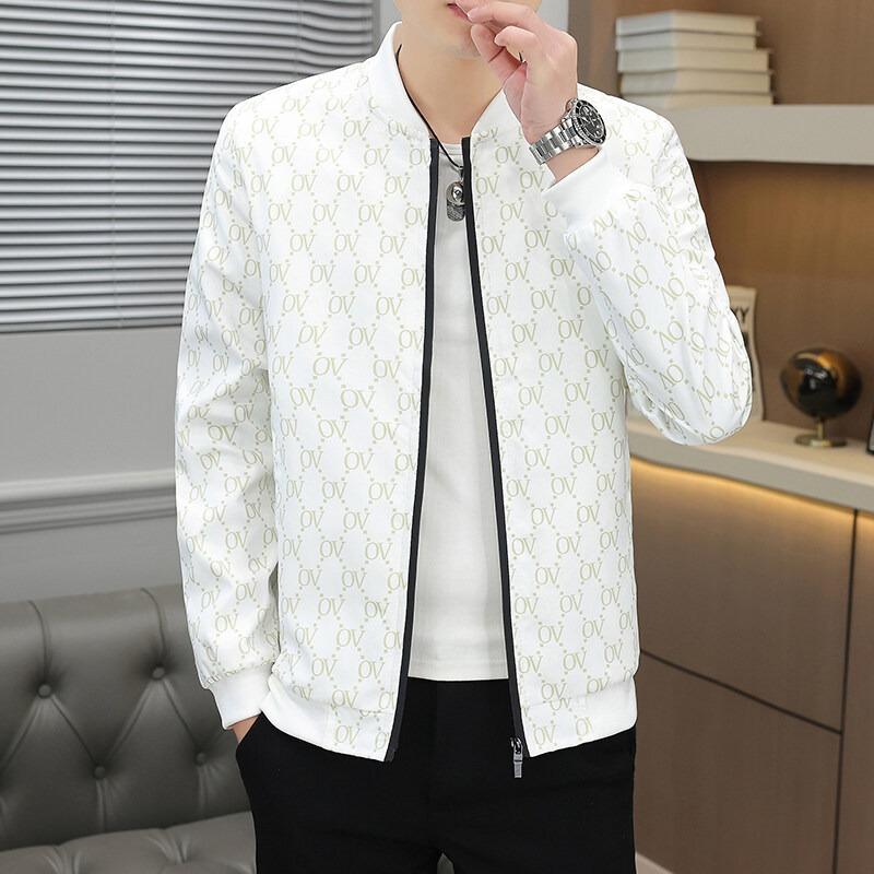 Men Stand Collar Long Sleeve Printed Slim Fit Casual Thin Jacket