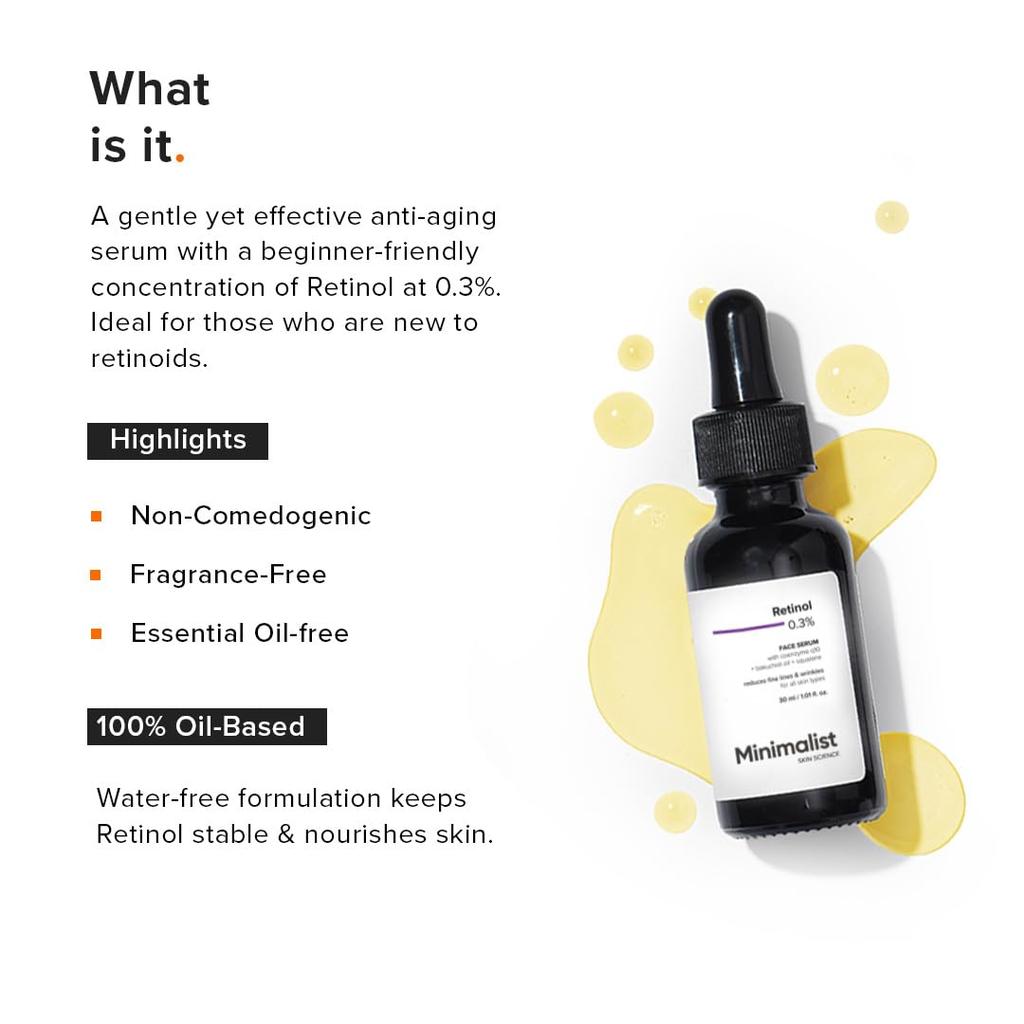 Minimalist Anti-Aging Night Serum with 0.3% Retinol & Q10|Fine Lines & Wrinkles Reduction Serum for Beginners|Water-Free Formula for Stability & No
