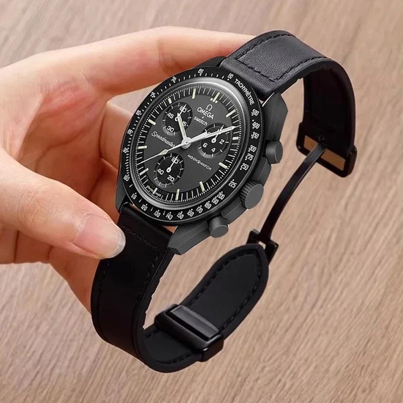 

20mm 22mm Leather+Silicone Strap For Omega X Swatch Joint MoonSwatch Magnetic Band Xiaomi Watch S4 S3 S2 S1/Huawei GT3 4 5 2028 22MM Width Band чорний