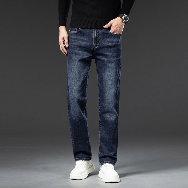 Jeans Autumn and Winter Fleece Thickened Jeans Loose Straight Retro Versatile Elastic Business Casual Pants