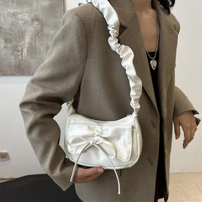 Soft PU Leather Women's Small Shoulder Bags Simple Ruched Design Ladies Underarm Bag Solid Color Bowknot Fashi Purse Handbags