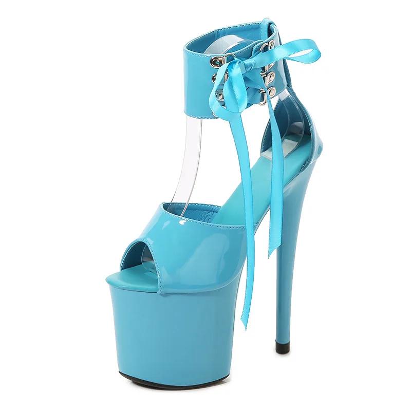 Módní lakovaná kůže 20cm extra vysoké boty na podpatku, tenké podpatky, sexy nýty, voděodolná platforma, nenáviděné nebesky vysoké ultra vysoké sandály