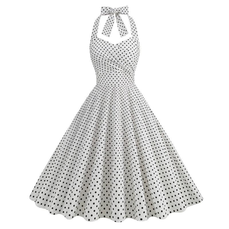 2023 Retro Polka Dot Halter Neck Backless Waist-Cinched Flare Skirt