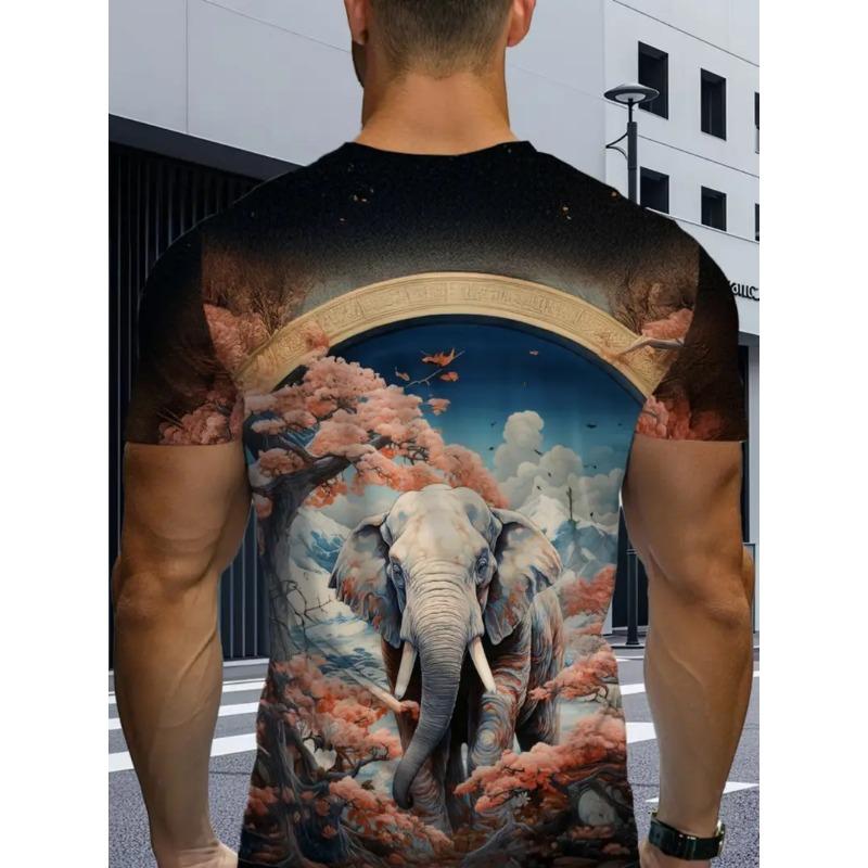Men's 3D Elephant Print T-shirt Short Sleeved T-shirt Breathable Polyester Round Neck Casual Streetwear Top