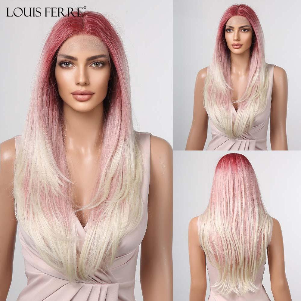 LOUIS FERRE Brown Blonde Ombre Synthetic Lace Front Wig Long Straight Fake Hair Wig for Women Daily Cosplay Lace Wig With Bangs