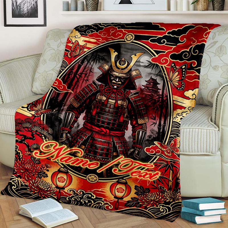1PC Custom Name Samurai Armor flannel blanket versatile,all-season throw suitable for the living room,bedroom,camping,travel,and gift